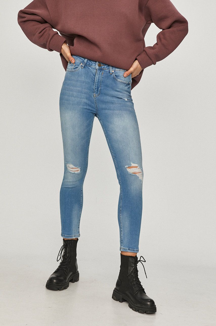 Jeans Answear Lab albastri rupti in genunchi din denim abrazat