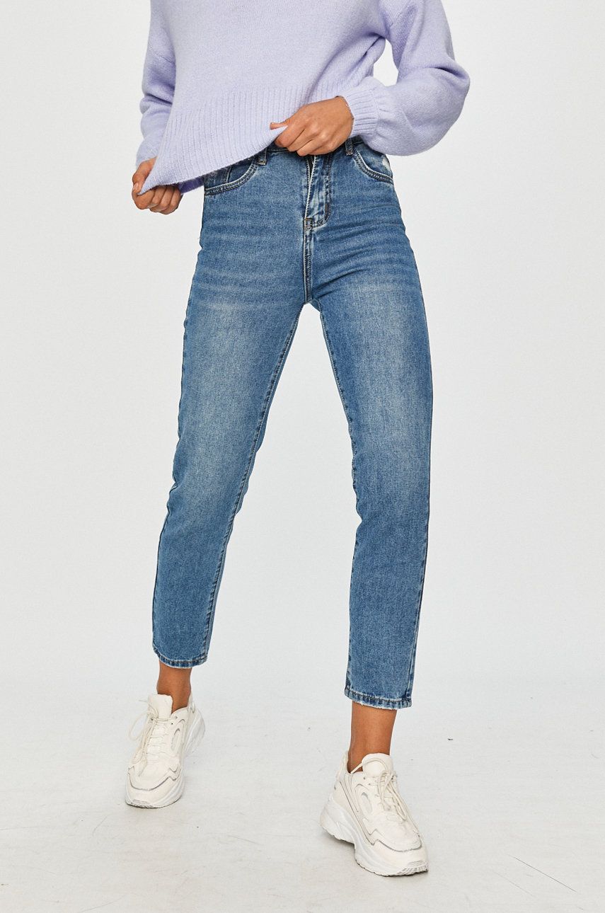 Jeans albastri drepti cu talie medie Answear Lab din denim cu aspect spalacit