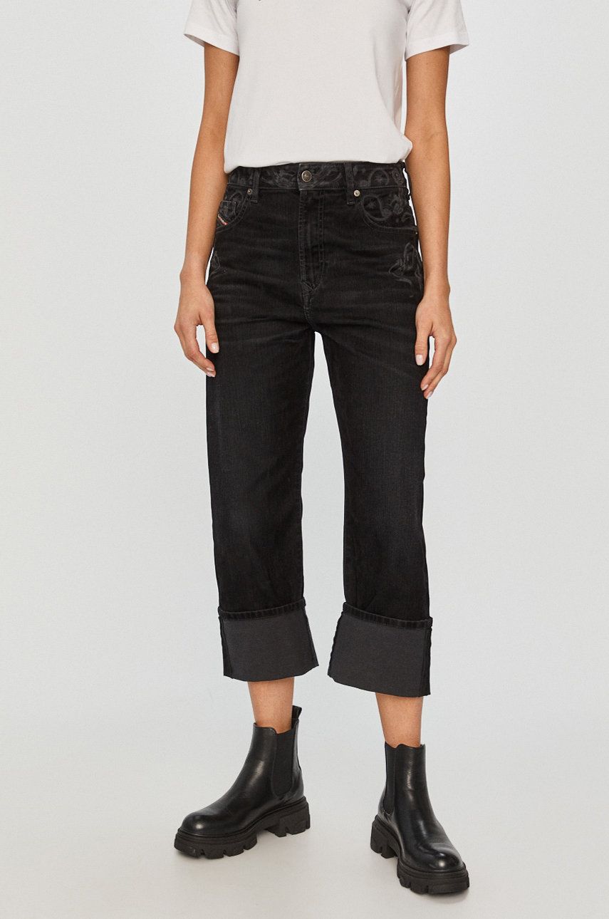 Jeans Diesel originali negri din denim cu aspect spalacit si detalii decorative