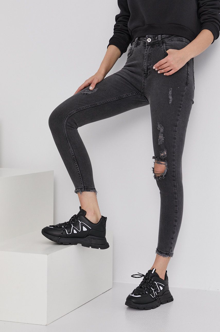 Jeansi Answear Lab skinny negri rupti in genunchi cu talia regulara din denim elastic