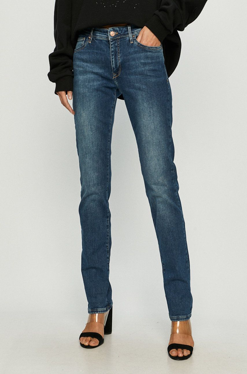 Jeansi Cross Jeans slim bleumarin cu talia regulara din denim cu aspect spalacit Anya