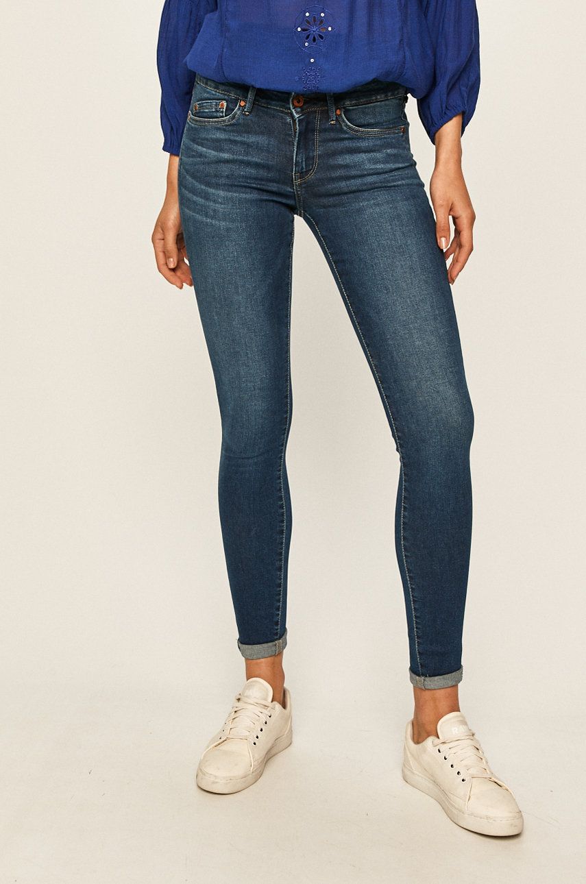 Jeansi de firma bleumarin Pepe Jeans skinny cu talia regulara din denim cu aspect spalacit Pixie