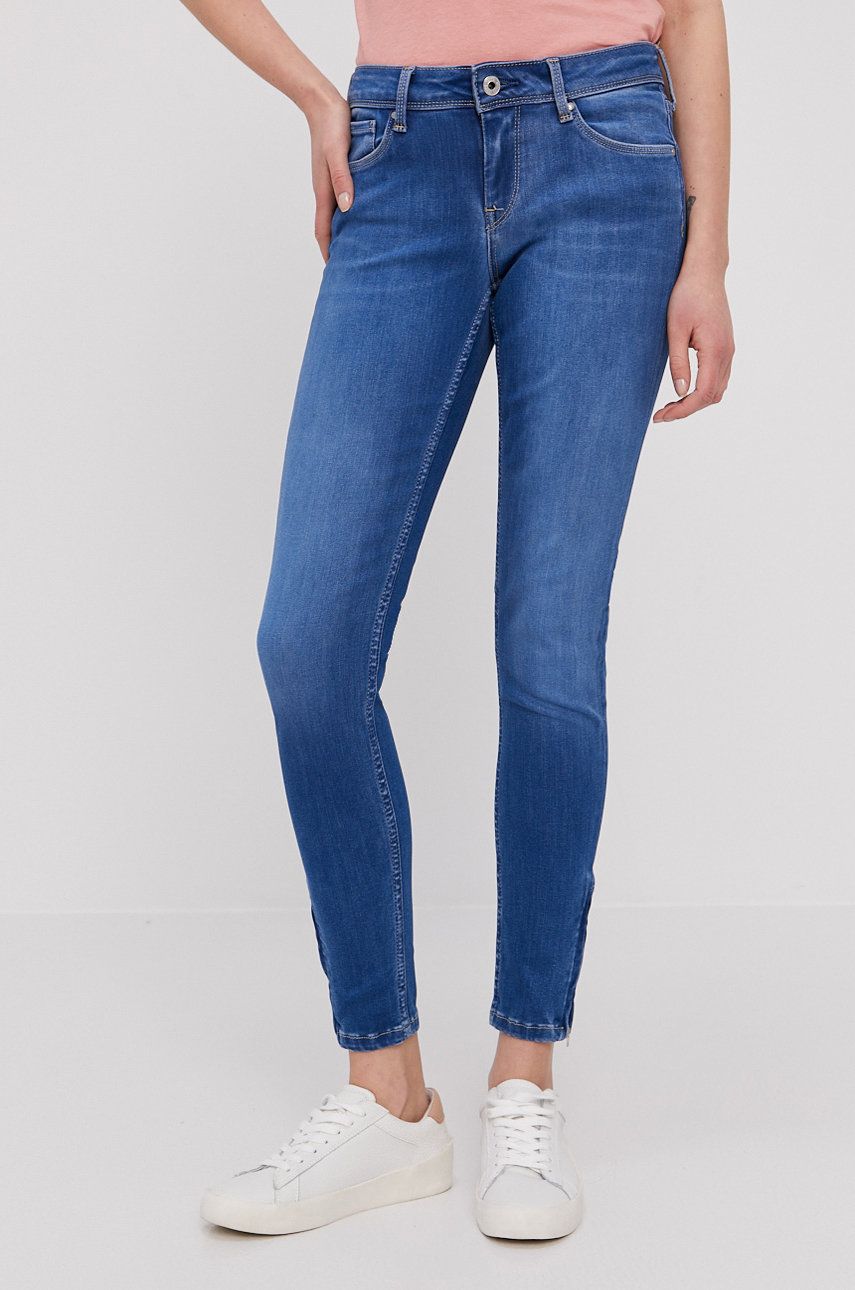 Jeansi albastri de vara Pepe Jeans originali skinny cu talia regulara din denim elastic