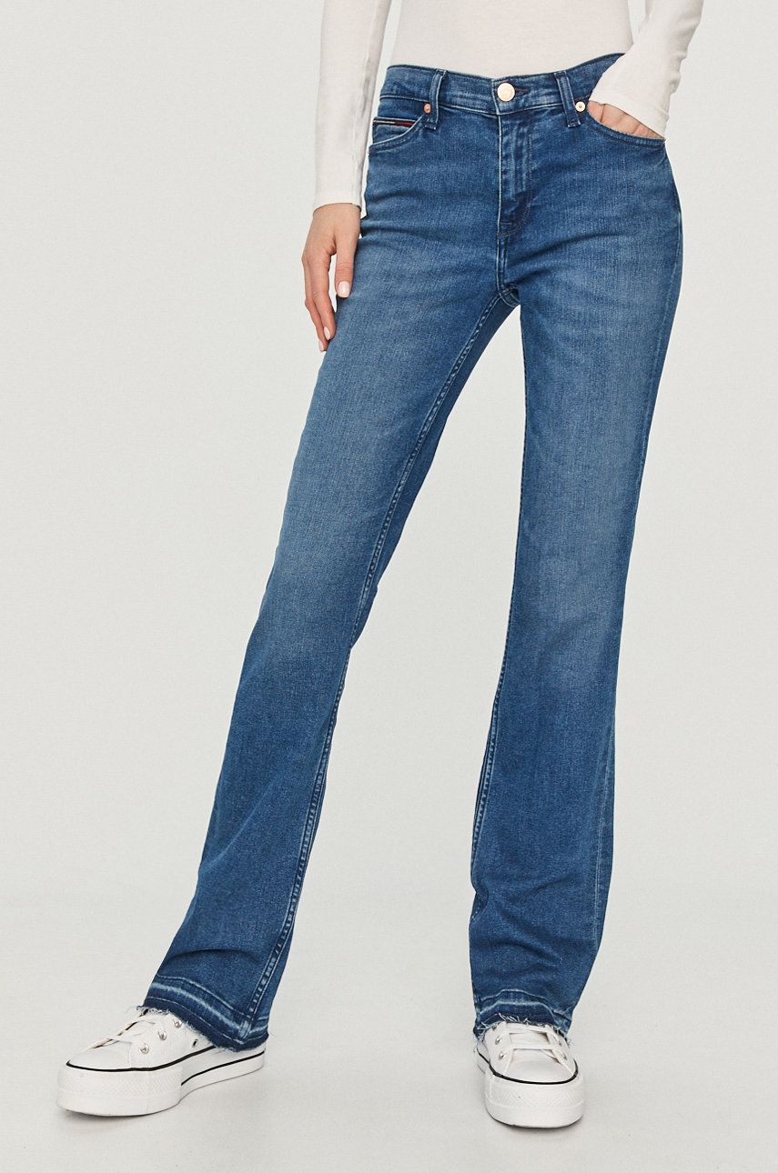 Jeansi Tommy Jeans albastri bootcut cu talia regulara din denim cu aspect spalacit Maddie