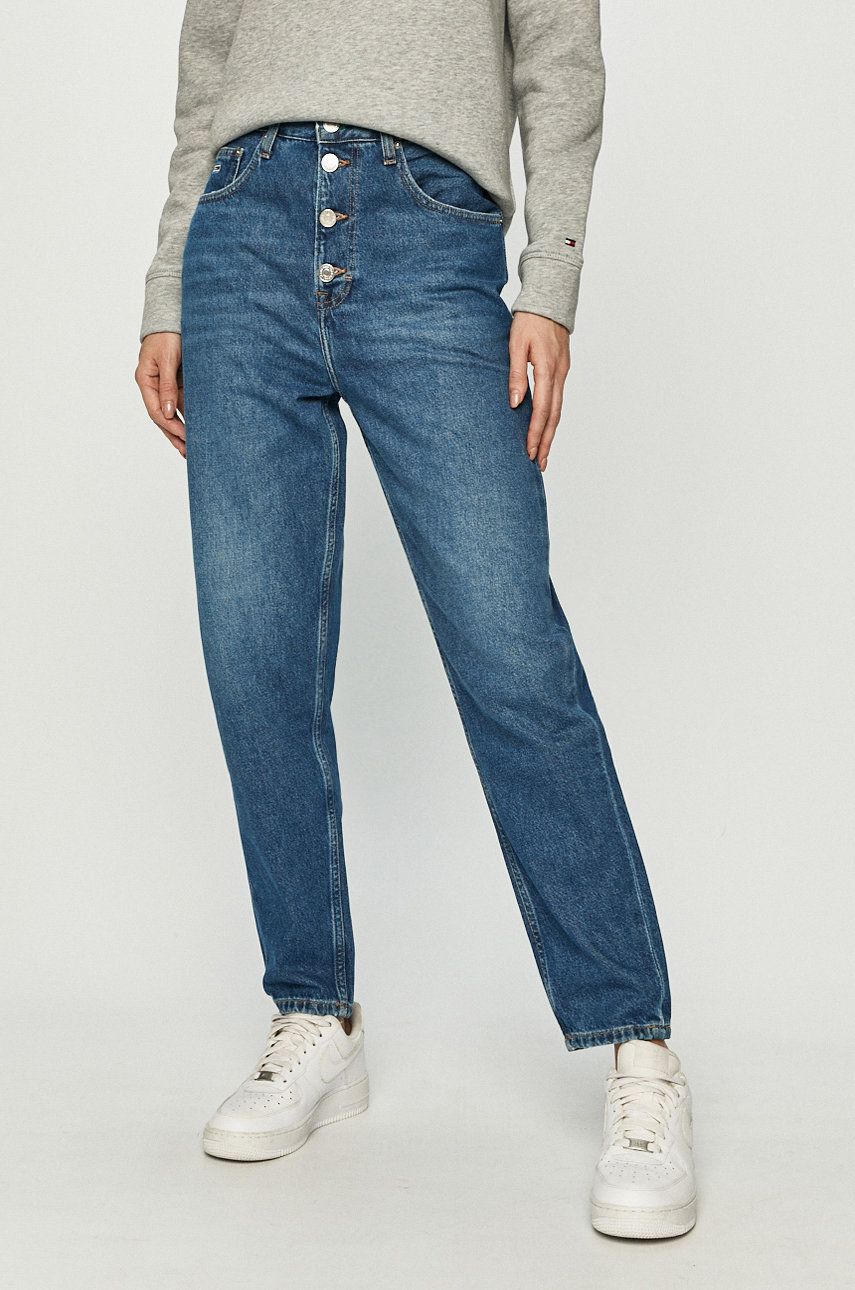 Jeansi Tommy Jeans albastri mom fit cu talia inalta din denim cu aspect spalacit