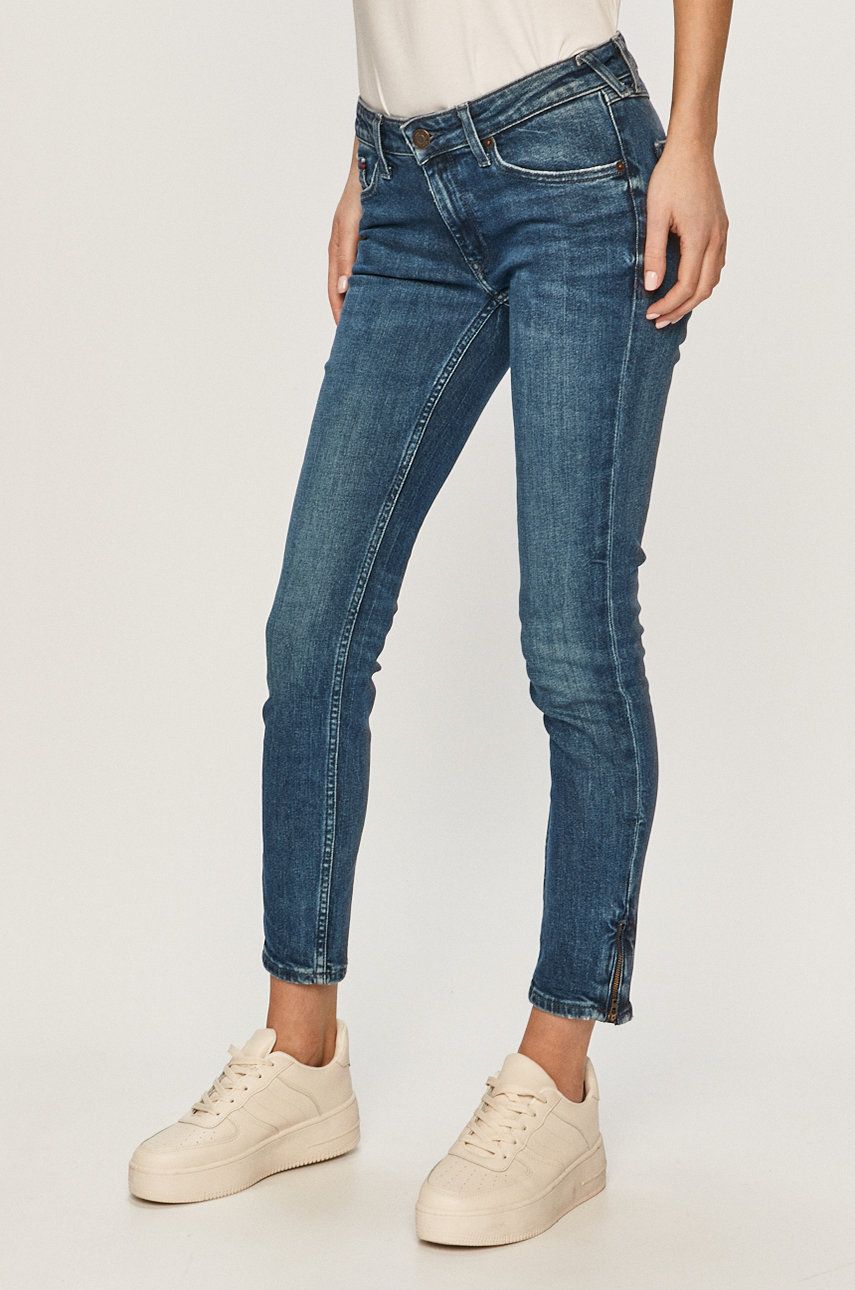 Jeansi Tommy Jeans crop bleumarin skinny cu talia joasa din denim cu aspect spalacit Sophie