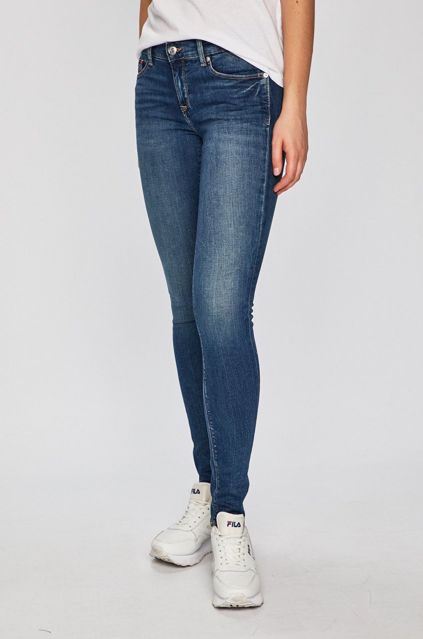 Jeansi albastri skinny Tommy Jeans originali cu talia regulara din denim cu aspect spalacit decorativ