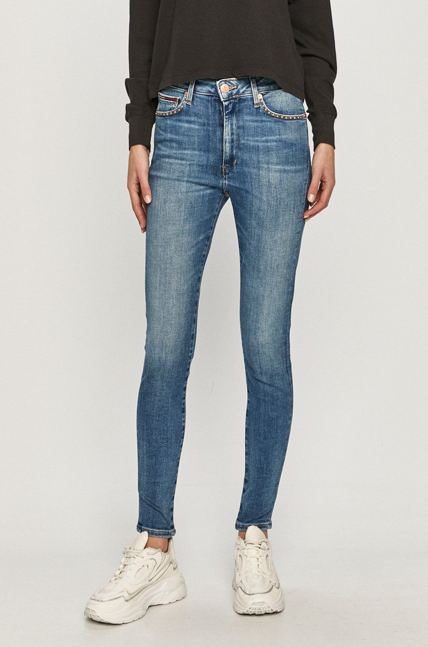 Jeansi Tommy Jeans originali albastri super skinny cu talia inalta din denim cu aspect spalacit Sylvia