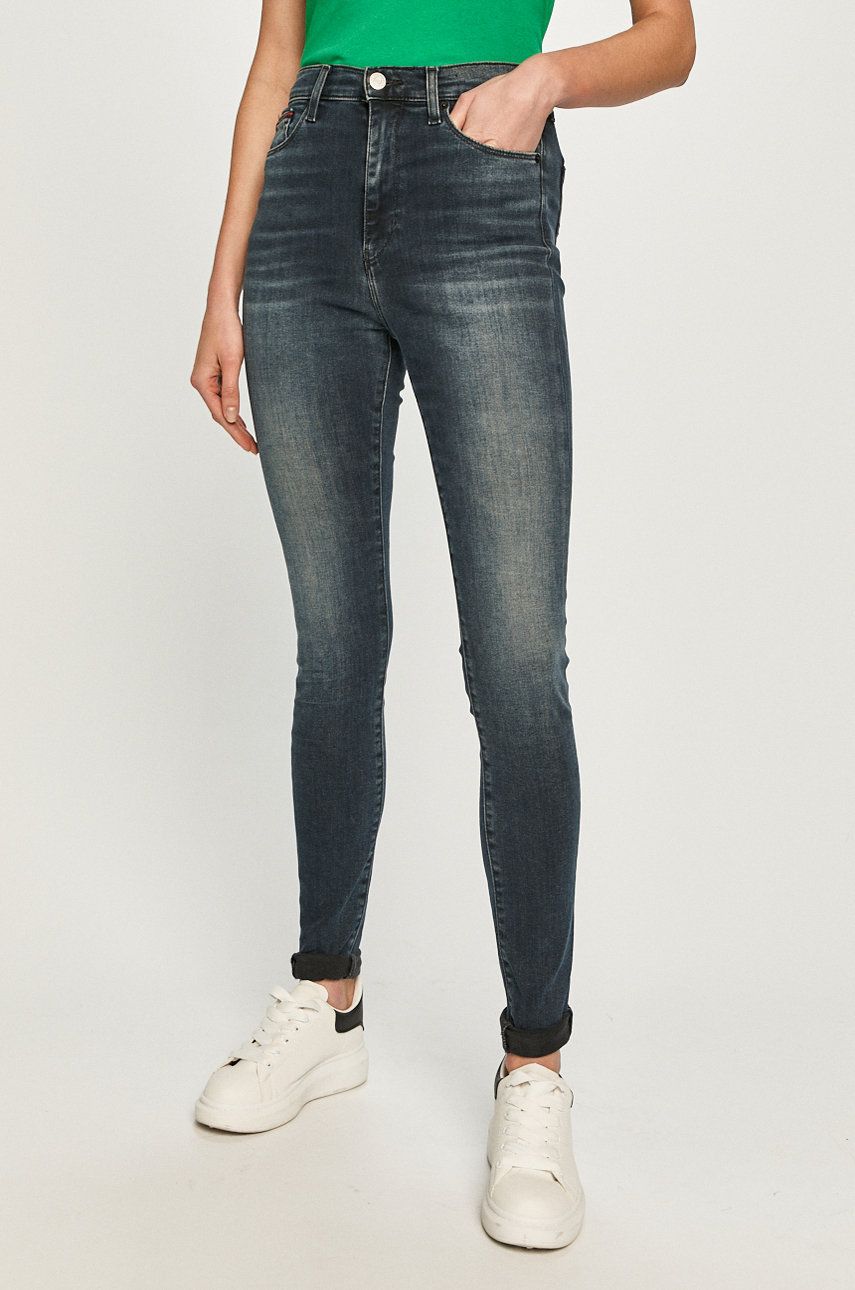 Jeansi bleumarin Tommy Jeans super skinny cu talia inalta din denim cu aspect spalacit Sylvia