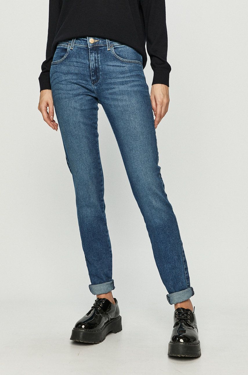 Jeansi albastri de firma Wrangler skinny cu talia regulara din denim elastic 615