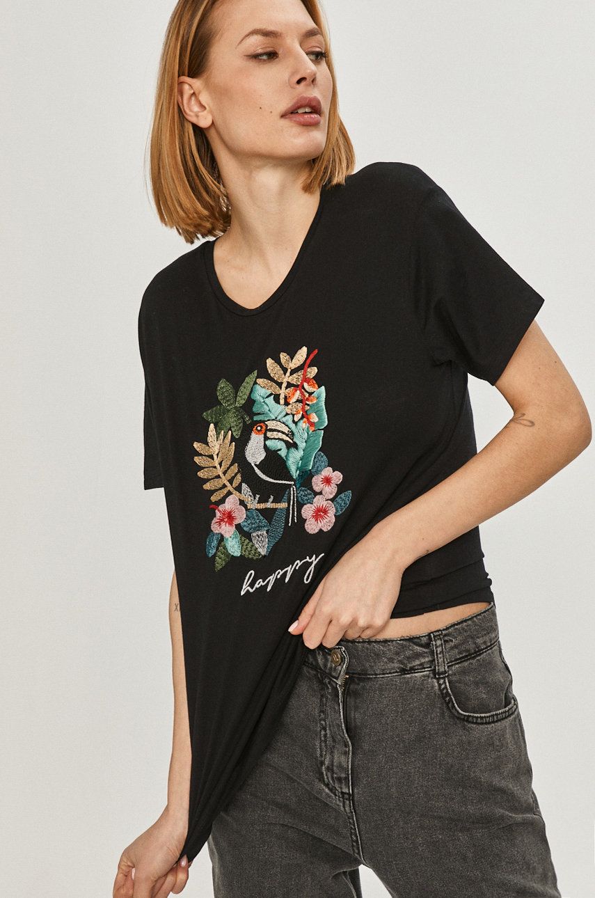 Tricou negru Answear Lab din tricot cu imprimeuri cu croi drept