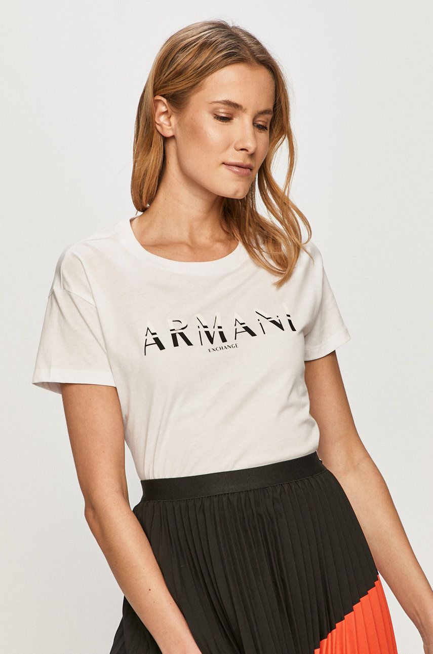 Tricou alb Armani Exchange original din tricot cu imprimeuri cu croi drept