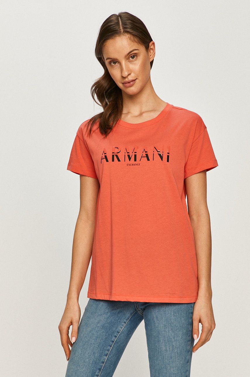 Tricou dama portocaliu Armani Exchange din tricot cu imprimeuri cu croi drept