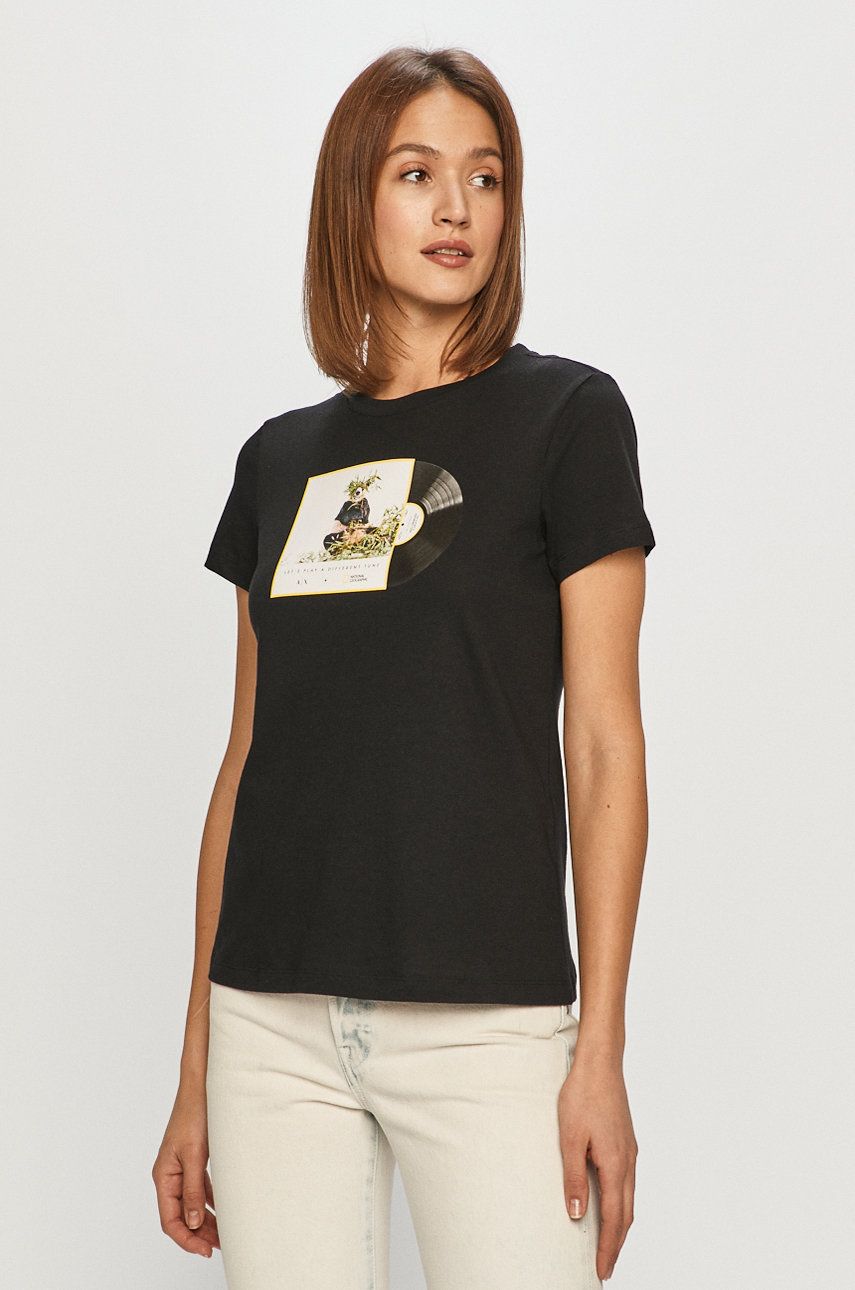 Tricou Armani Exchange negru de dama din tricot cu imprimeuri cu croi drept