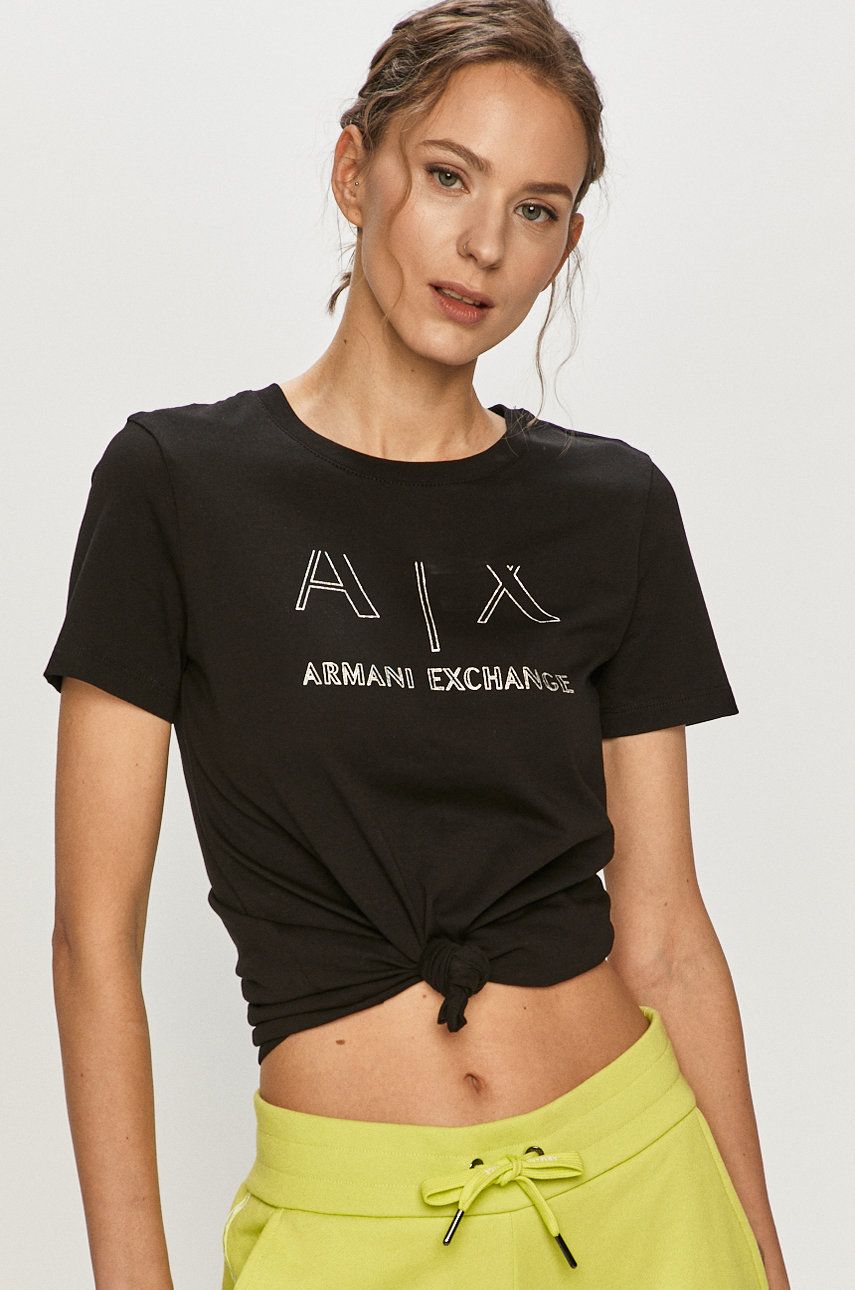 Tricou negru Armani Exchange de firma subtire si usor elastic cu croi drept