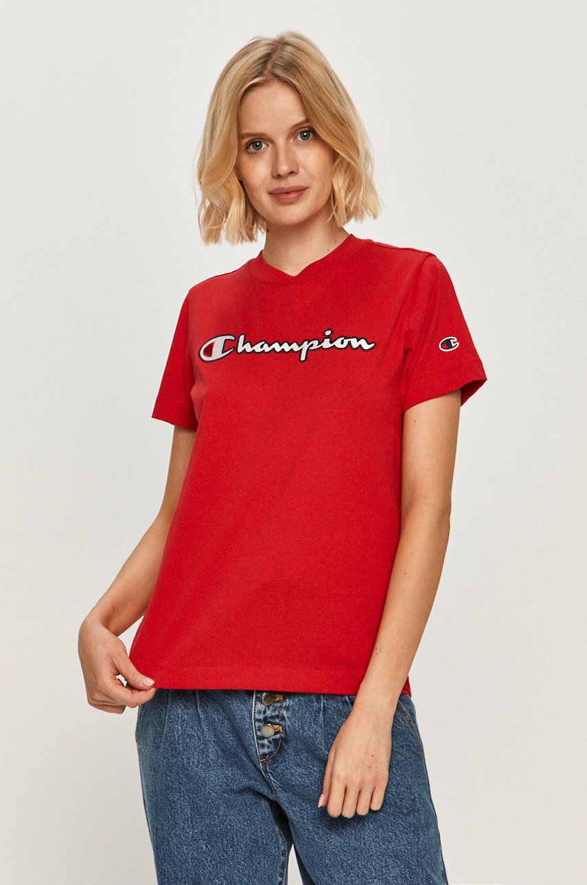 Tricou rosu Champion din tricot cu imprimeuri cu croi drept