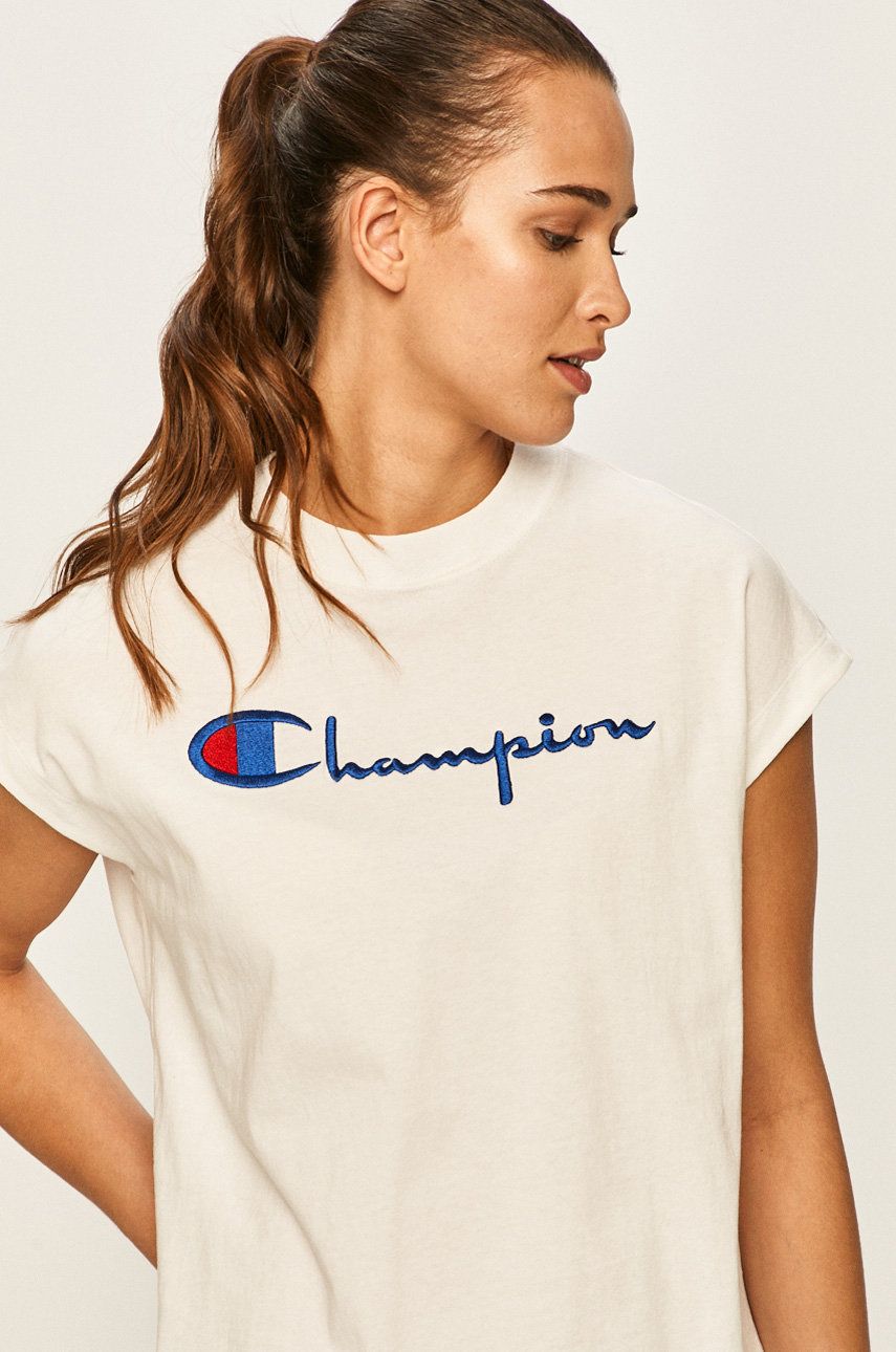 Tricou Champion sport alb din tricot cu imprimeuri cu croi drept