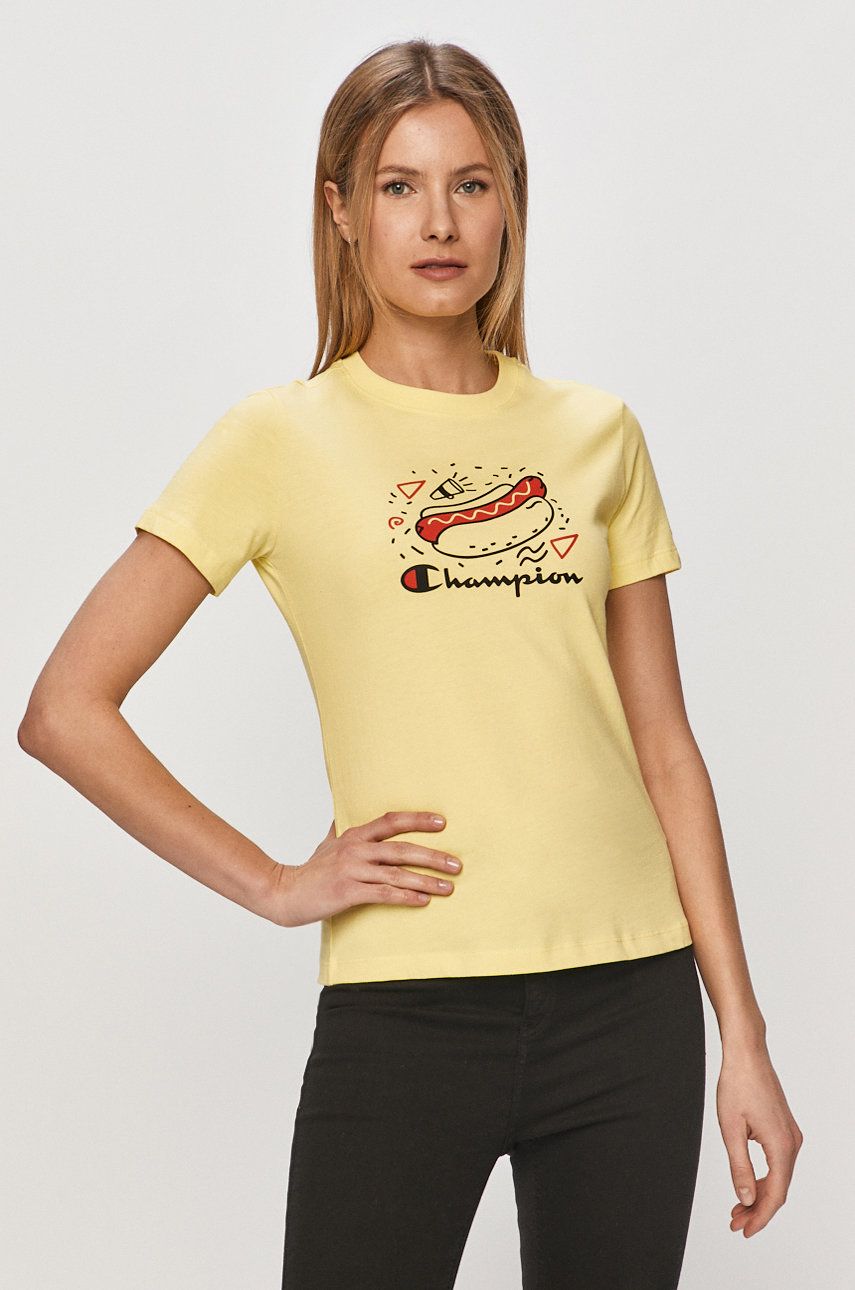 Tricou sport galben Champion din tricot cu imprimeuri cu croi drept