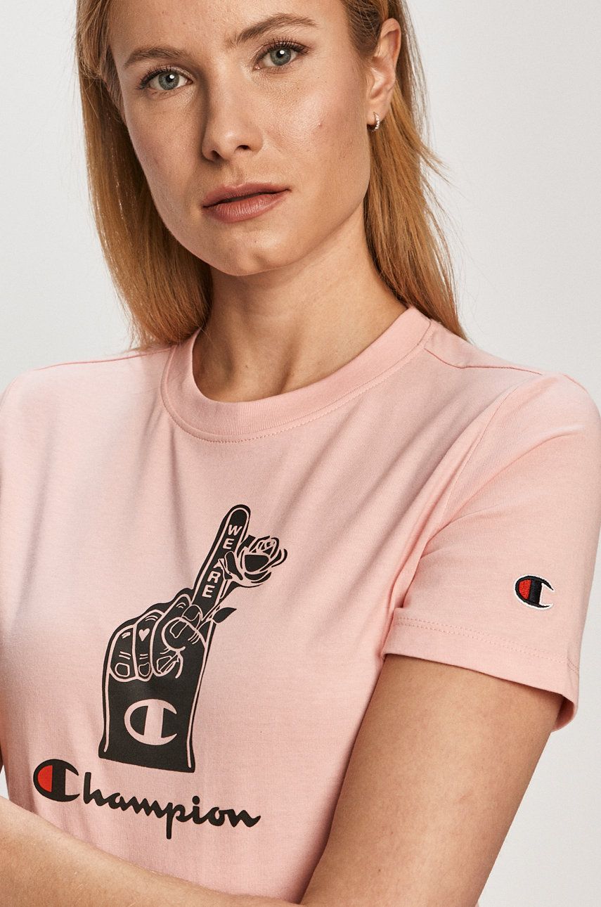 Tricou roz Champion din tricot cu imprimeuri cu croi drept