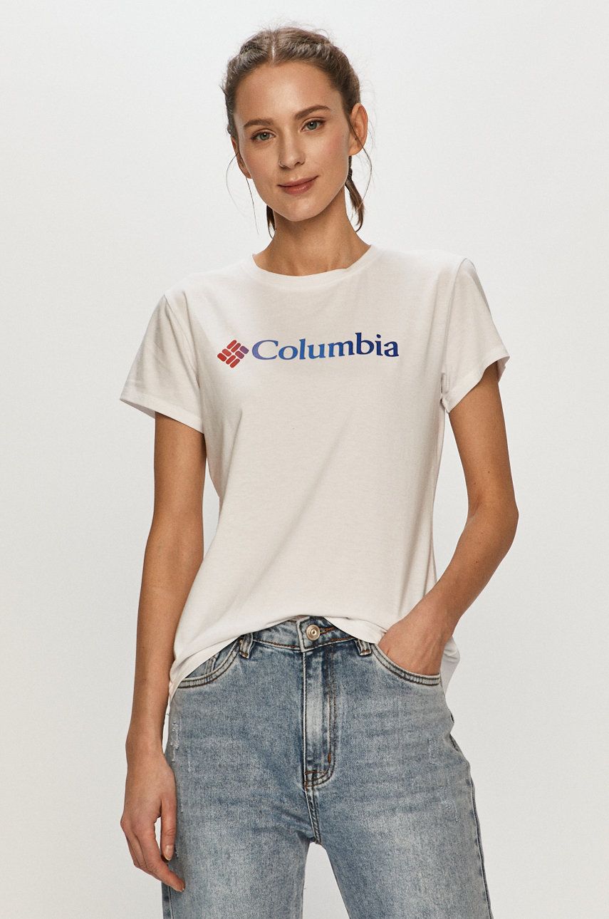 Tricou Columbia din tricot alb cu imprimeuri cu croi drept