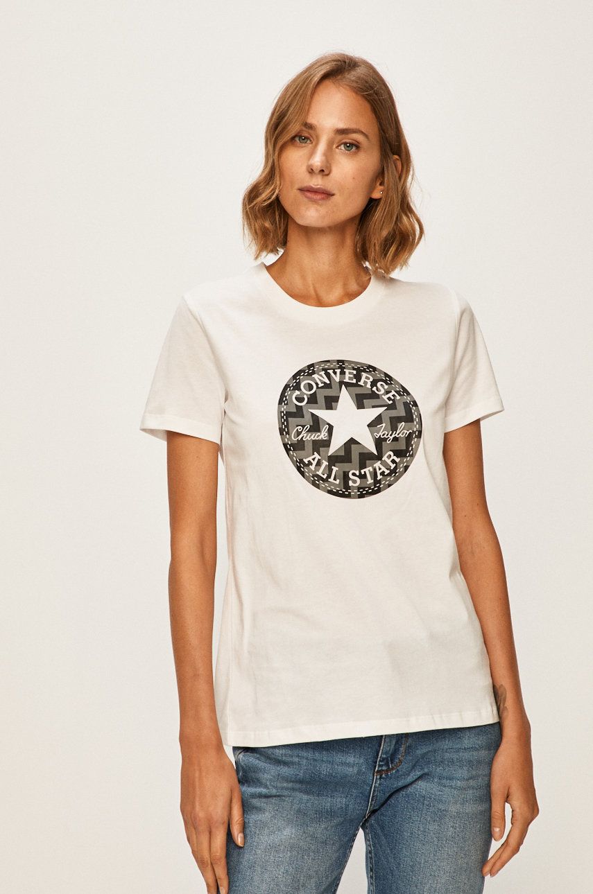 Tricou dama alb Converse din tricot cu imprimeuri cu croi drept