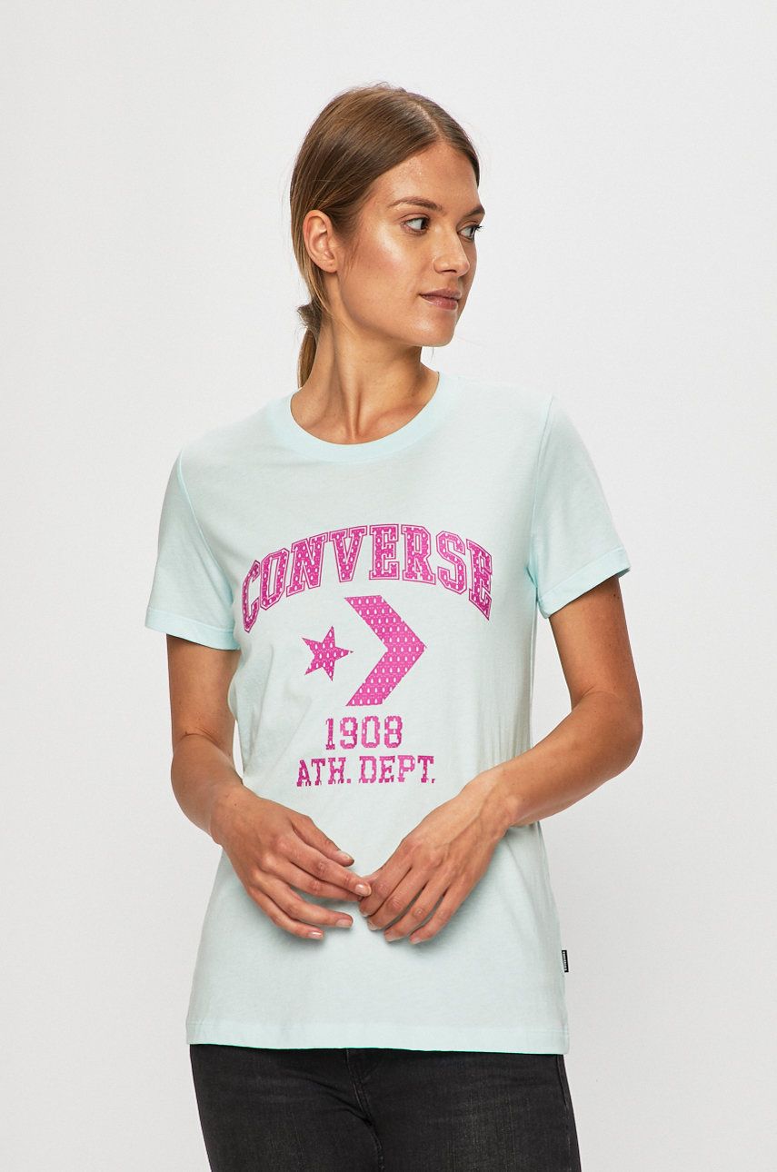 Tricou bleu Converse din tricot cu imprimeuri cu croi drept