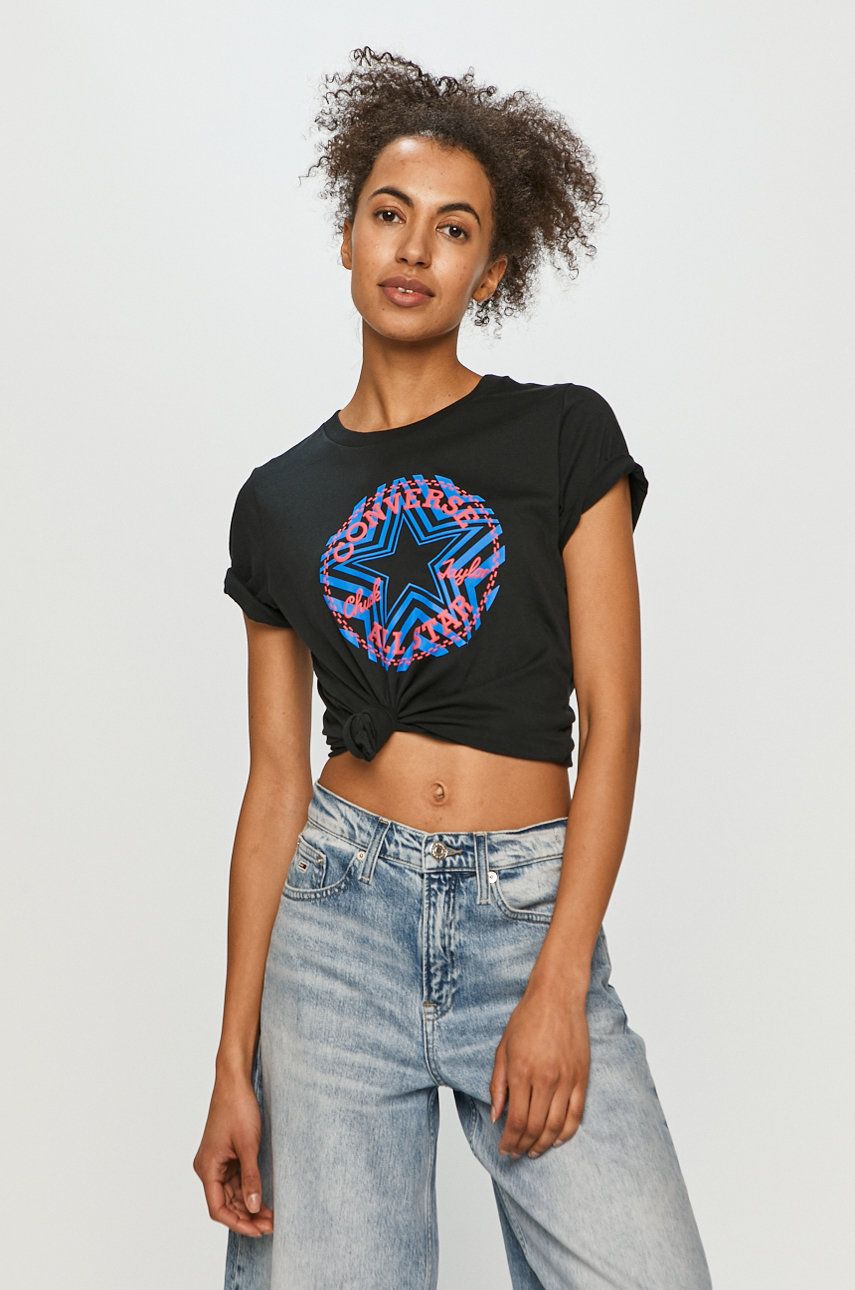 Tricou negru dama de vara Converse din tricot cu imprimeuri cu croi drept