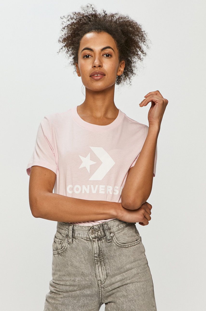 Tricou roz Converse din tricot cu imprimeuri cu croi drept