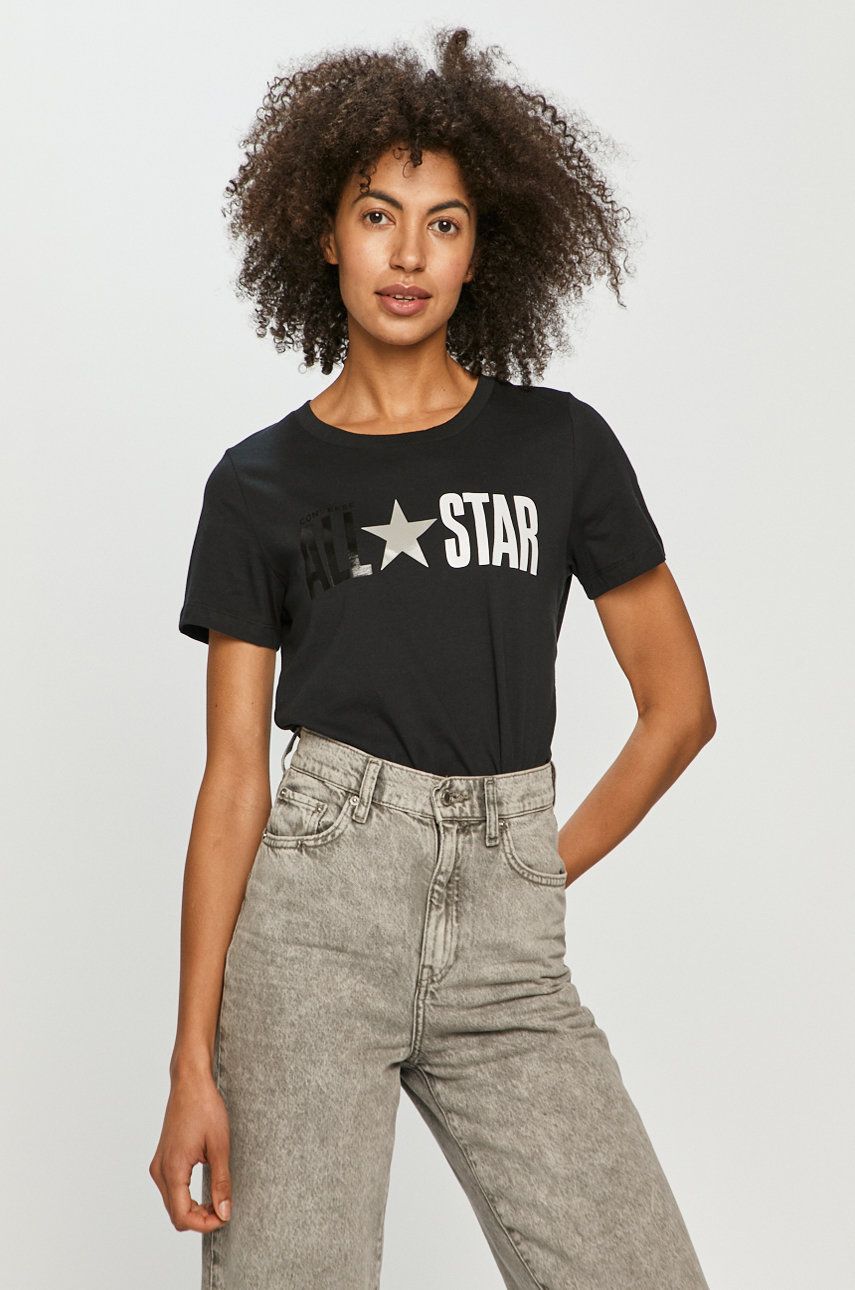 Tricou dama negru Converse din tricot cu imprimeuri cu croi drept