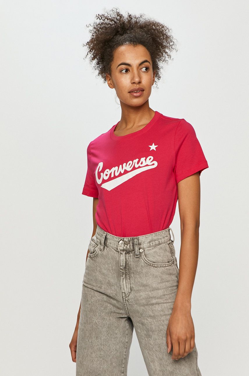 Tricou fucsia Converse din tricot cu imprimeuri cu croi drept