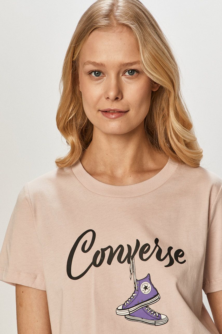 Tricou roz deschis Converse din tricot cu imprimeuri cu croi drept