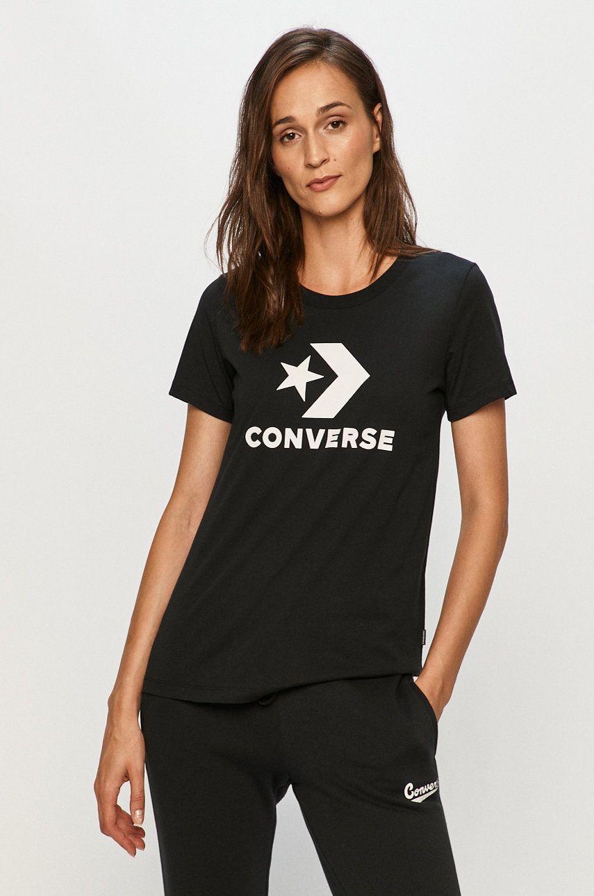Tricou Converse negru dama de vara din tricot cu imprimeuri cu croi drept