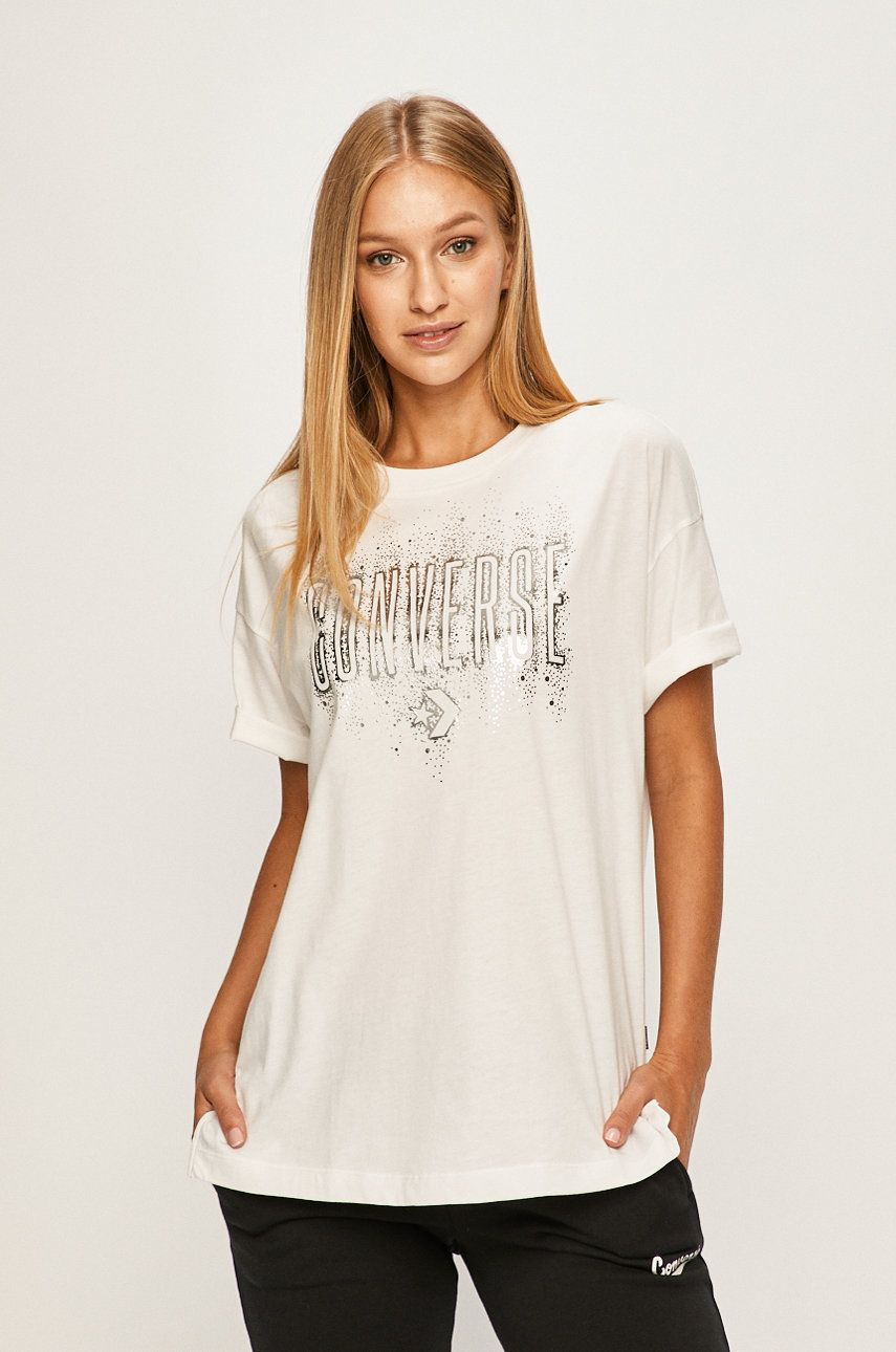 Tricou de vara alb Converse din tricot cu imprimeuri cu croi lejer