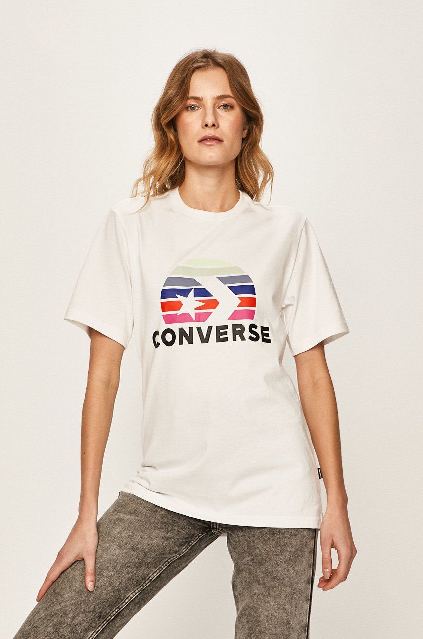 Tricou Converse de vara alb din tricot cu imprimeuri cu croi lejer