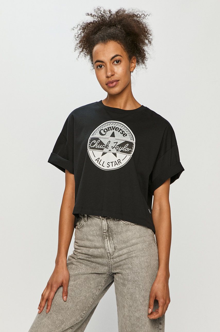 Tricou scurt negru Converse din tricot cu imprimeuri cu croi lejer cu umerii lasati