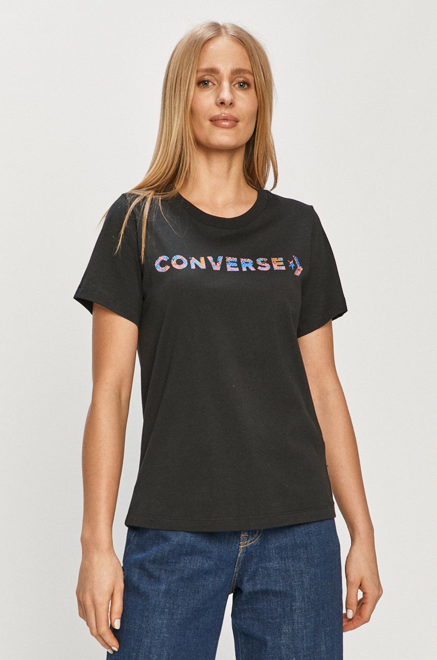 Tricou negru dama de vara Converse subtire din material elastic cu croi drept