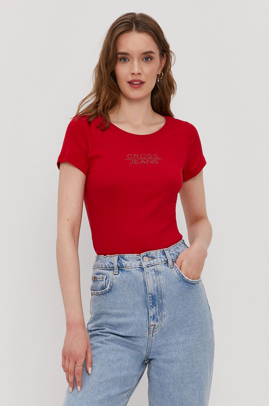 Tricou rosu Cross Jeans subtire din material elastic cu croi drept