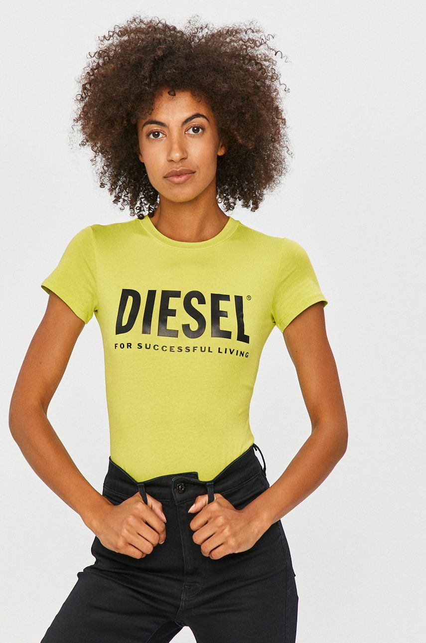 Tricou Diesel galben din tricot cu imprimeuri cu croi body