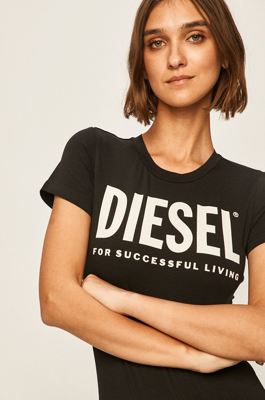 Tricou Diesel negru din tricot cu imprimeuri cu croi body