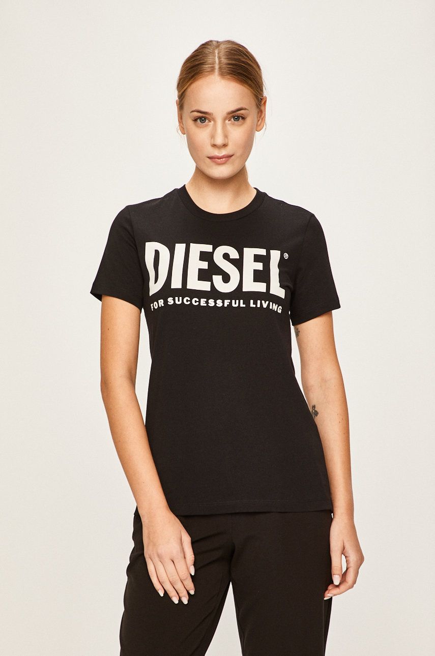 Tricou Diesel din tricot negru cu imprimeuri cu croi drept