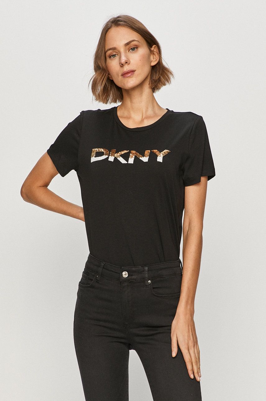 Tricou Dkny negru elegant subtire din material elastic cu croi drept