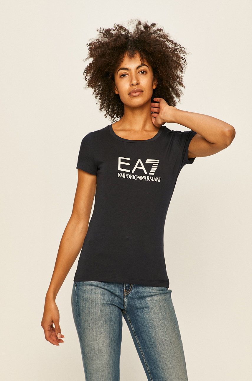 Tricou original negru EA7 Emporio Armani din tricot cu imprimeuri cu croi mulat