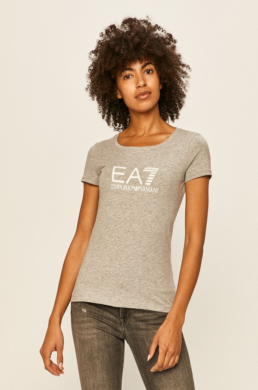 Tricou de firma gri deschis EA7 Emporio Armani din tricot cu imprimeuri cu croi mulat