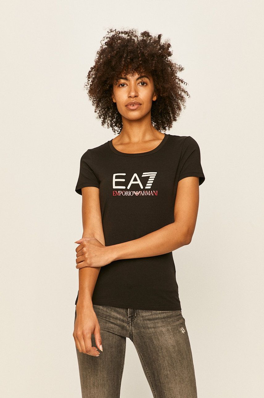 Tricou negru EA7 Emporio Armani original din tricot cu imprimeuri cu croi mulat