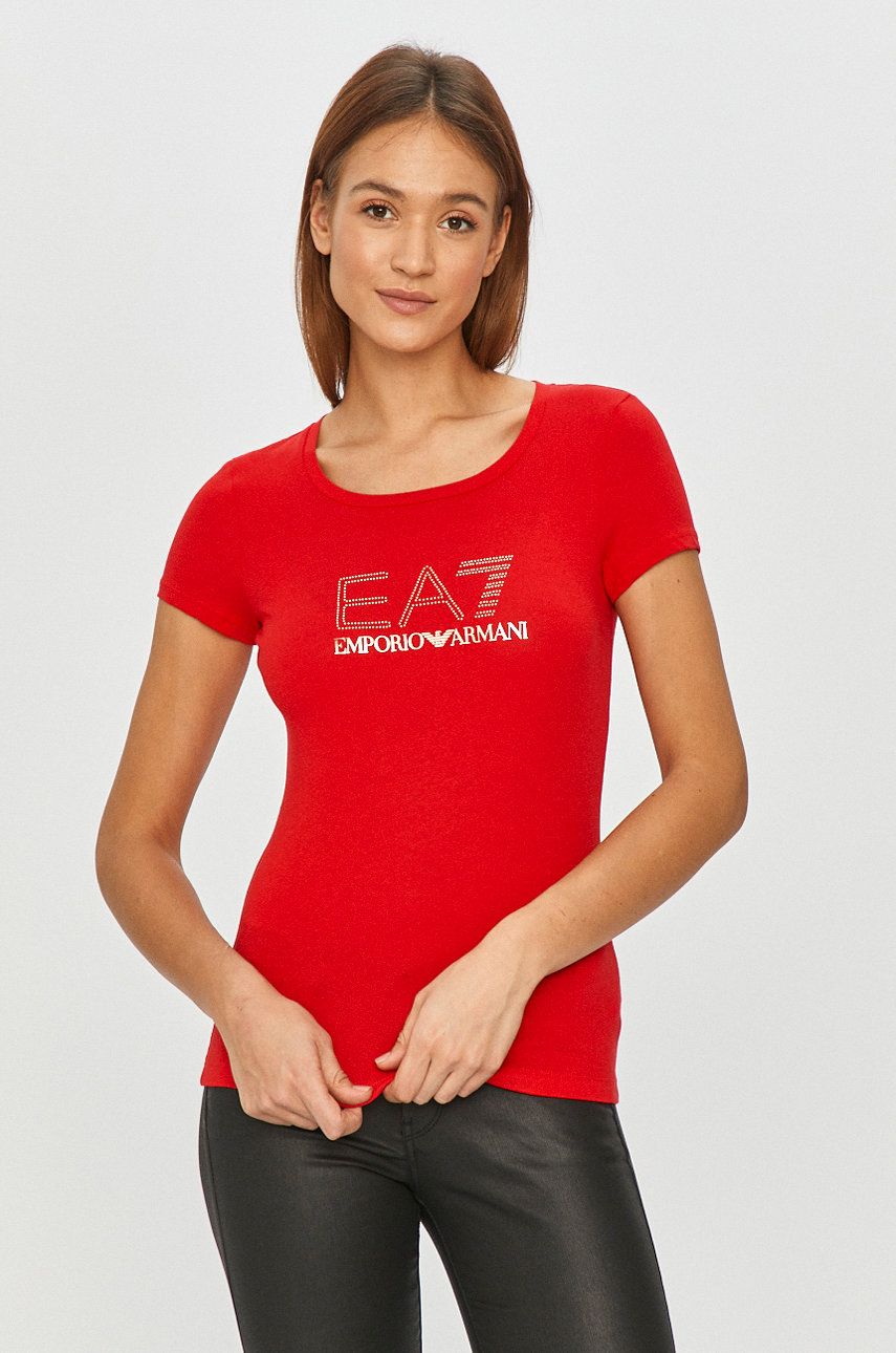Tricou EA7 Emporio Armani rosu de firma din tricot cu imprimeuri cu croi drept