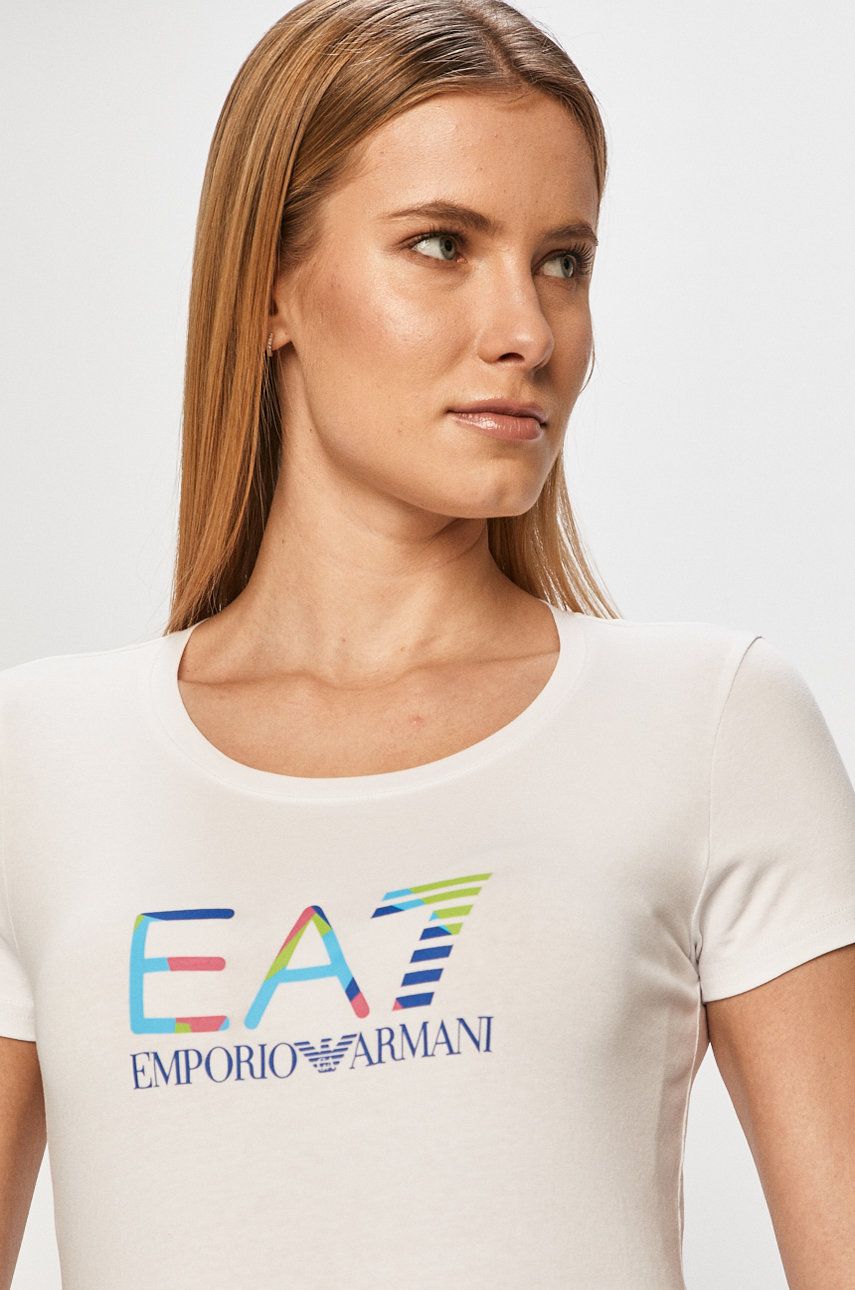 Tricou dama alb EA7 Emporio Armani din tricot cu imprimeuri cu croi drept