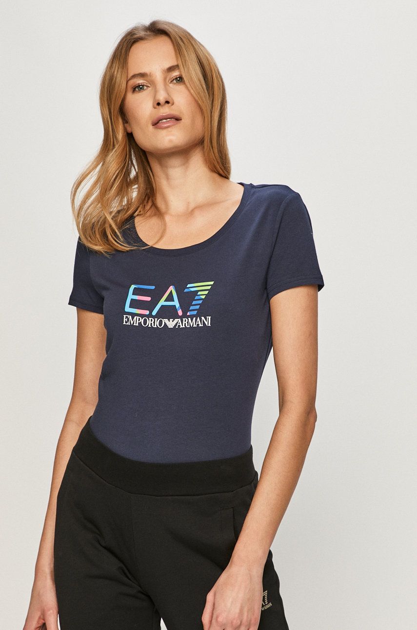 Tricou albastru inchis original EA7 Emporio Armani din tricot cu imprimeuri cu croi drept