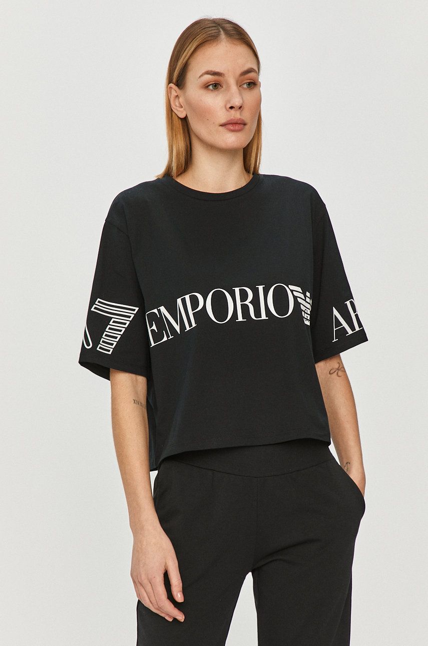 Tricou negru original EA7 Emporio Armani din tricot cu imprimeuri cu croi drept