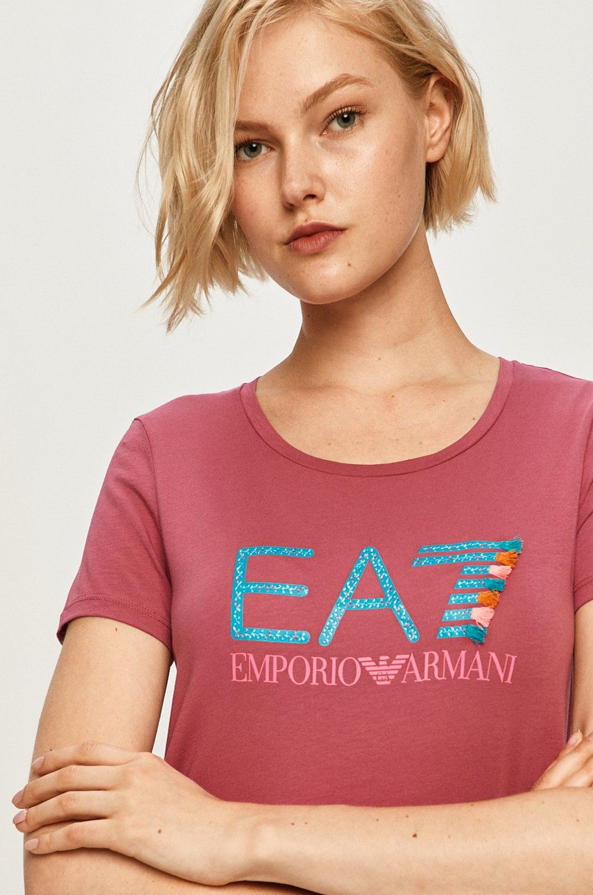 Tricou roz EA7 Emporio Armani de firma foarte elastic din material subtire cu croi drept
