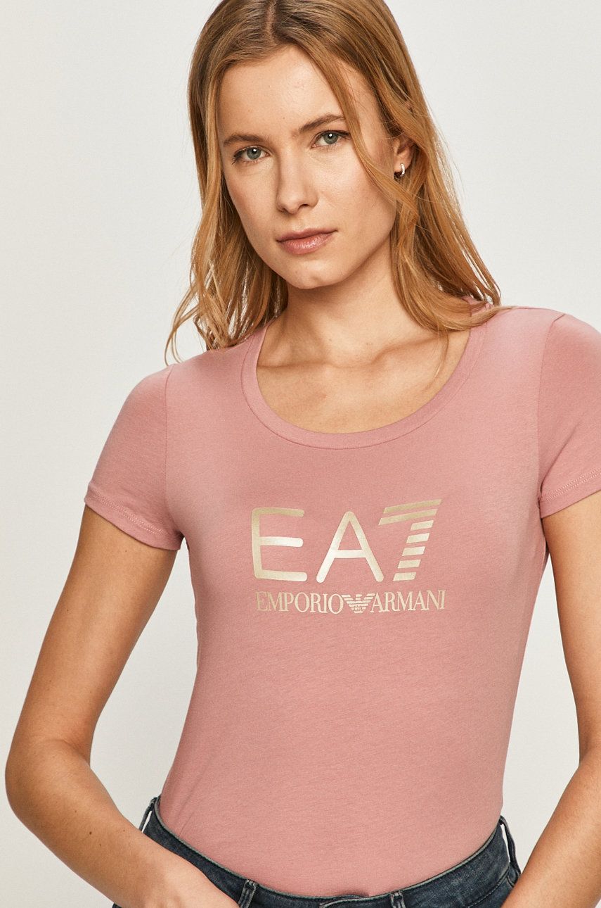 Tricou EA7 Emporio Armani roz original foarte elastic din material subtire cu croi mulat